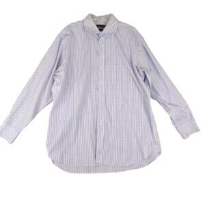 Chester Barrie Men's Long Sleeve Button Up Dress Shirt, Blue Pink Plaid 17.5 34